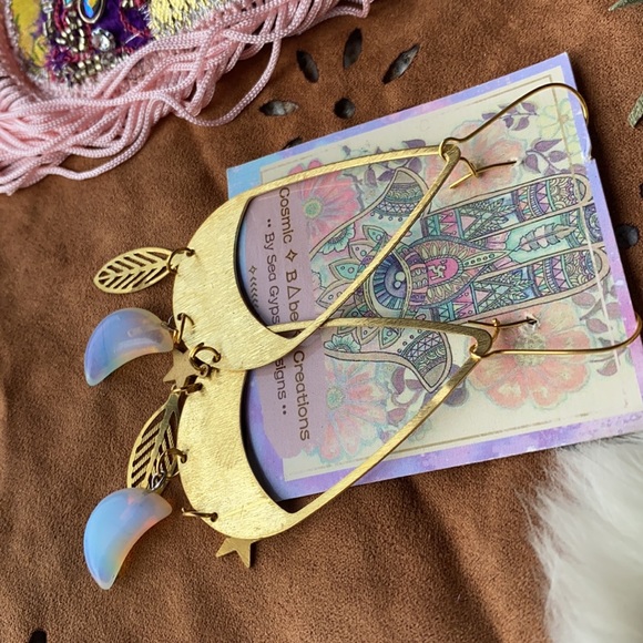 Opalite Moon ๐ Brass Earrings || boho babe || good vibes || handmade - Picture 3 of 8